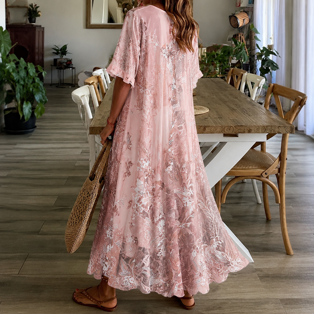 Flowy women's floral print summer maxi dress, ideal for casual wear, vacation, or a day dress.