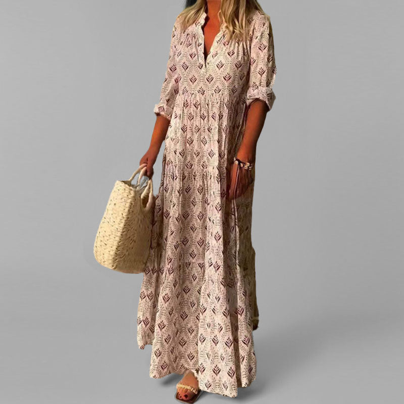 Women's pink flowing tiered maxi dress with V-neck, perfect for elegant summer and casual occasions. Modest fashion.