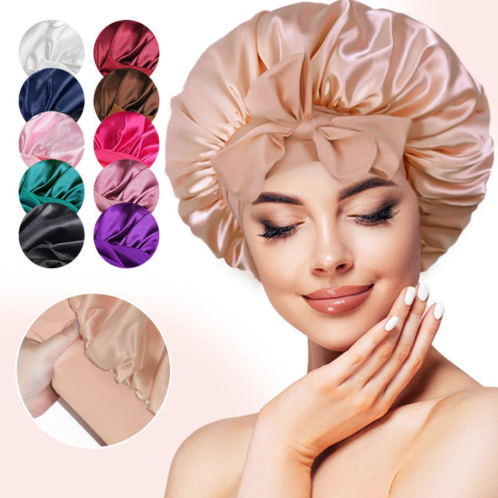 Women's pink silk satin sleeping cap bonnet for hair protection, adjustable elastic band