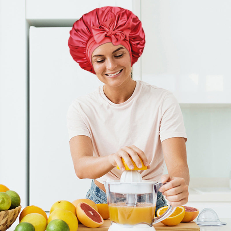 Women's deep red satin nightcap, adjustable and perfect for maintaining hairstyles