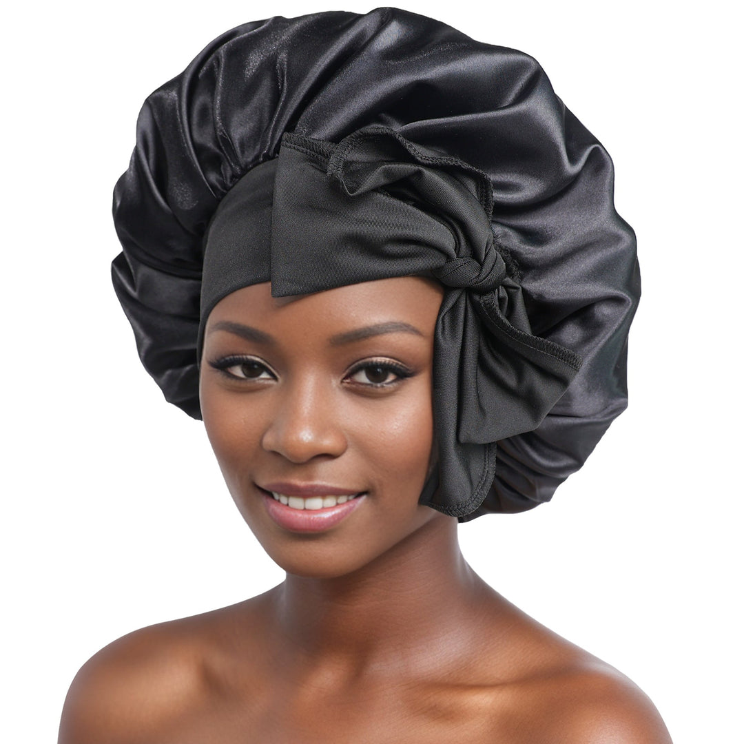 Detailed shot of adjustable elastic on a women's silk satin sleepcap, secure fit