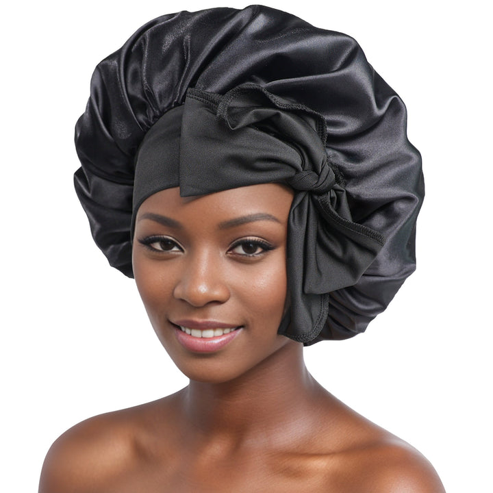 Detailed shot of adjustable elastic on a women's silk satin sleepcap, secure fit
