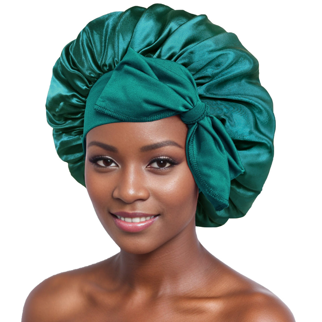 Green silk satin sleeping cap for women, adjustable and designed for optimal hair health