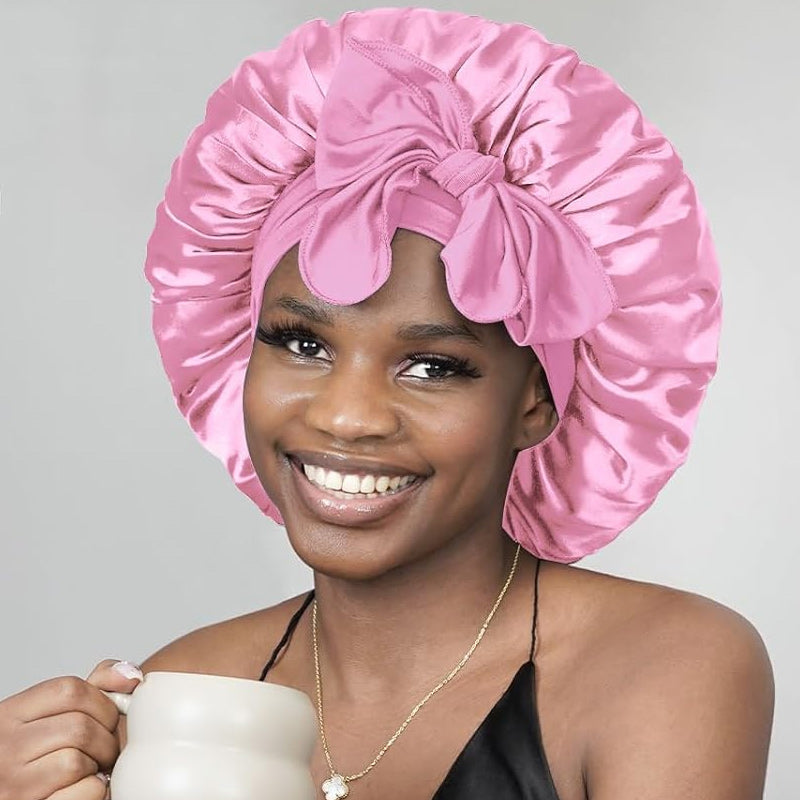 Adjustable purple silk satin sleepcap, designed for women's hair protection at night