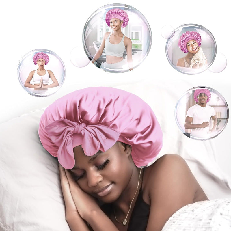 Two-tone reversible satin bonnet for women's beauty sleep, protecting hair from frizz