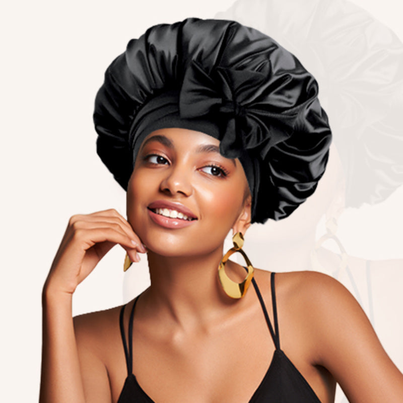 Adjustable elastic band on a women's black silk satin sleeping cap, optimal hair care