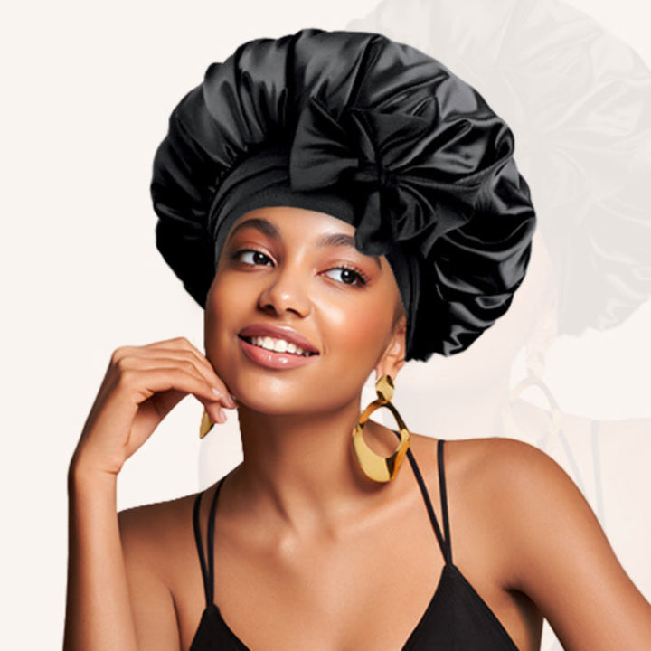 Adjustable elastic band on a women's black silk satin sleeping cap, optimal hair care