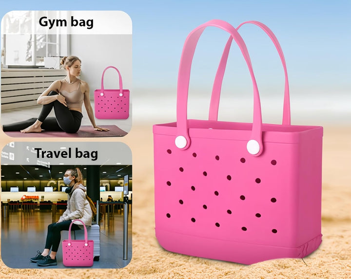 Modern red EVA beach tote bag, sandproof, with practical vent holes for drainage.
