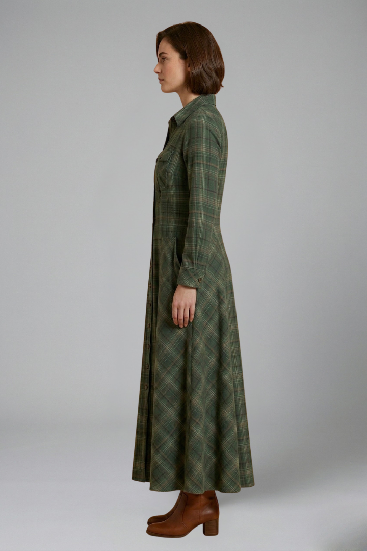 Versatile women's plaid full-length maxi dress, featuring a button-front, long sleeves, and a collared, relaxed fit.