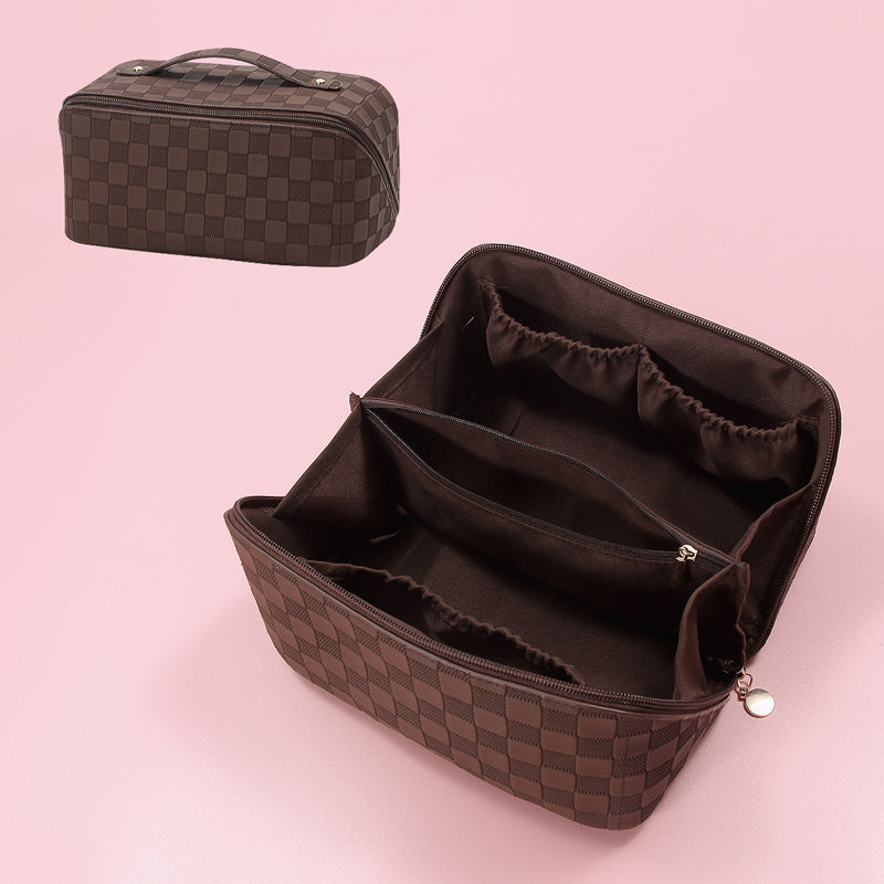 Women's PU leather cosmetic bag, plaid pattern, designed for travel and daily use.