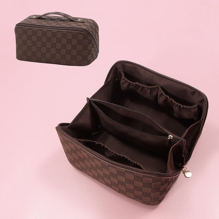 Women's PU leather cosmetic bag, plaid pattern, designed for travel and daily use.