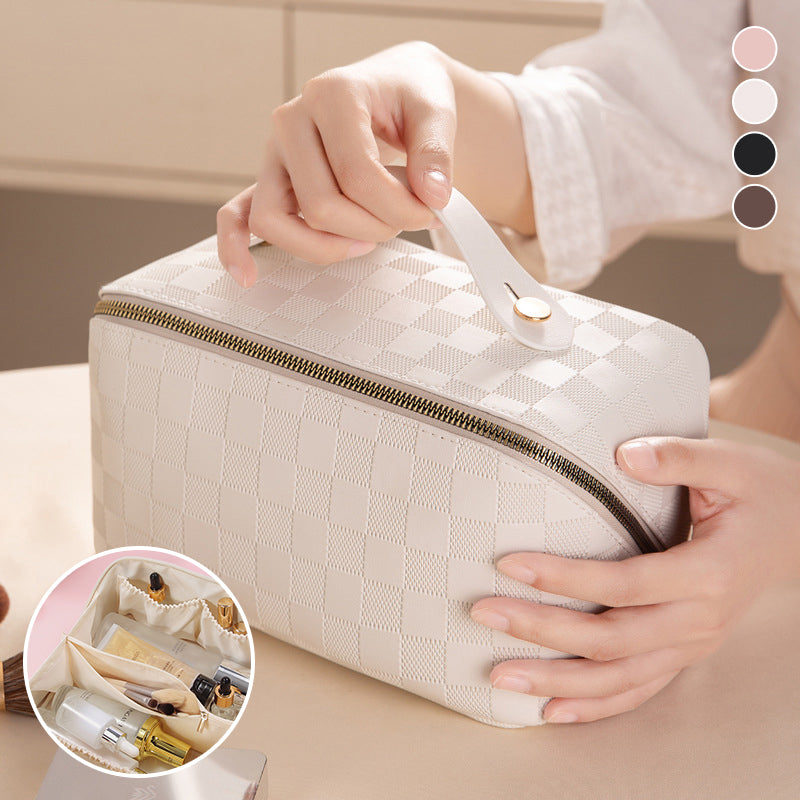 Waterproof PU leather cosmetic bag in chic plaid, a great women's travel accessory.