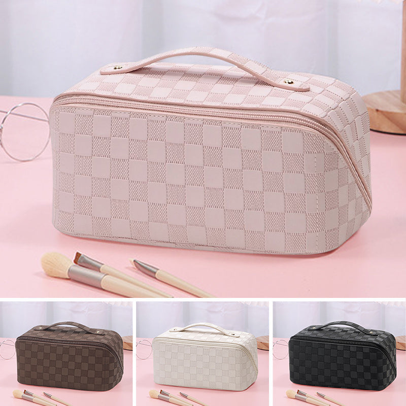 Front view of women's plaid cosmetic bag, showcasing pattern and quality material.