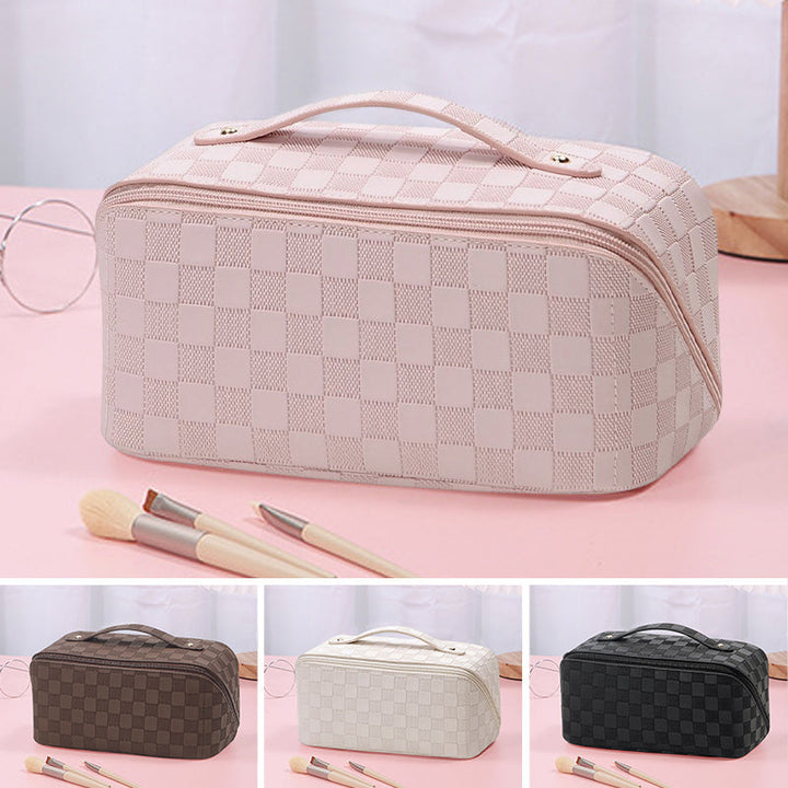 Front view of women's plaid cosmetic bag, showcasing pattern and quality material.