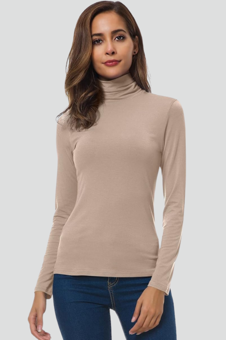 Simple plain knit women's long sleeve turtleneck sweater, essential classic winter wear.