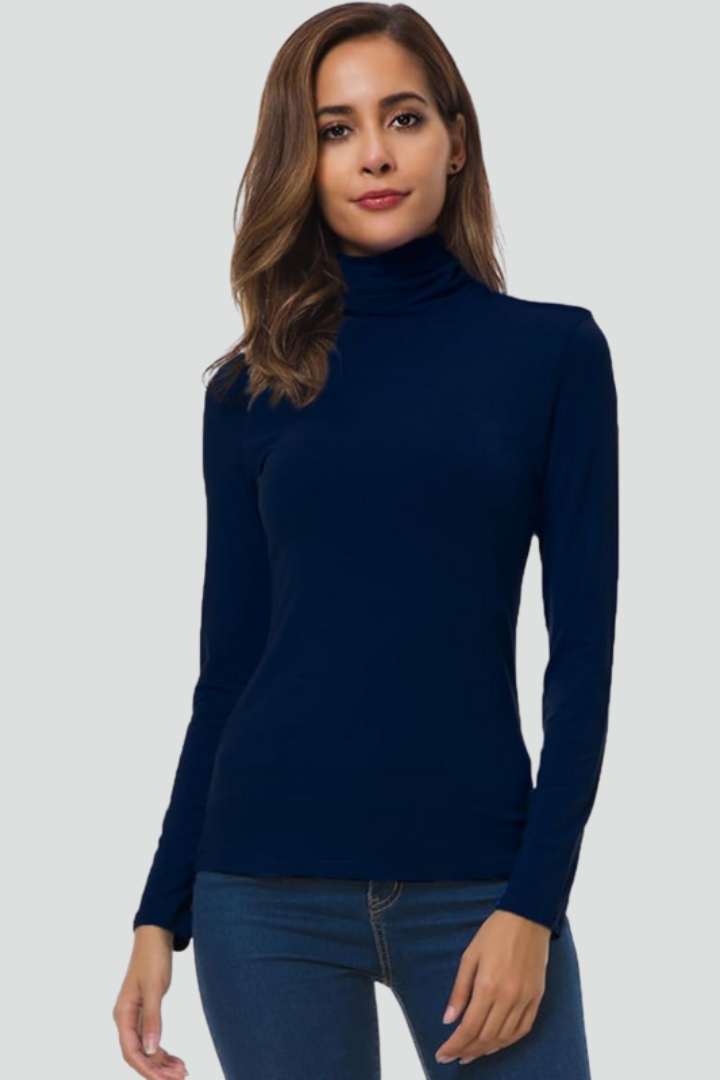 Women's cozy turtleneck sweater, plain knit long sleeve top, versatile for fall & winter layering.