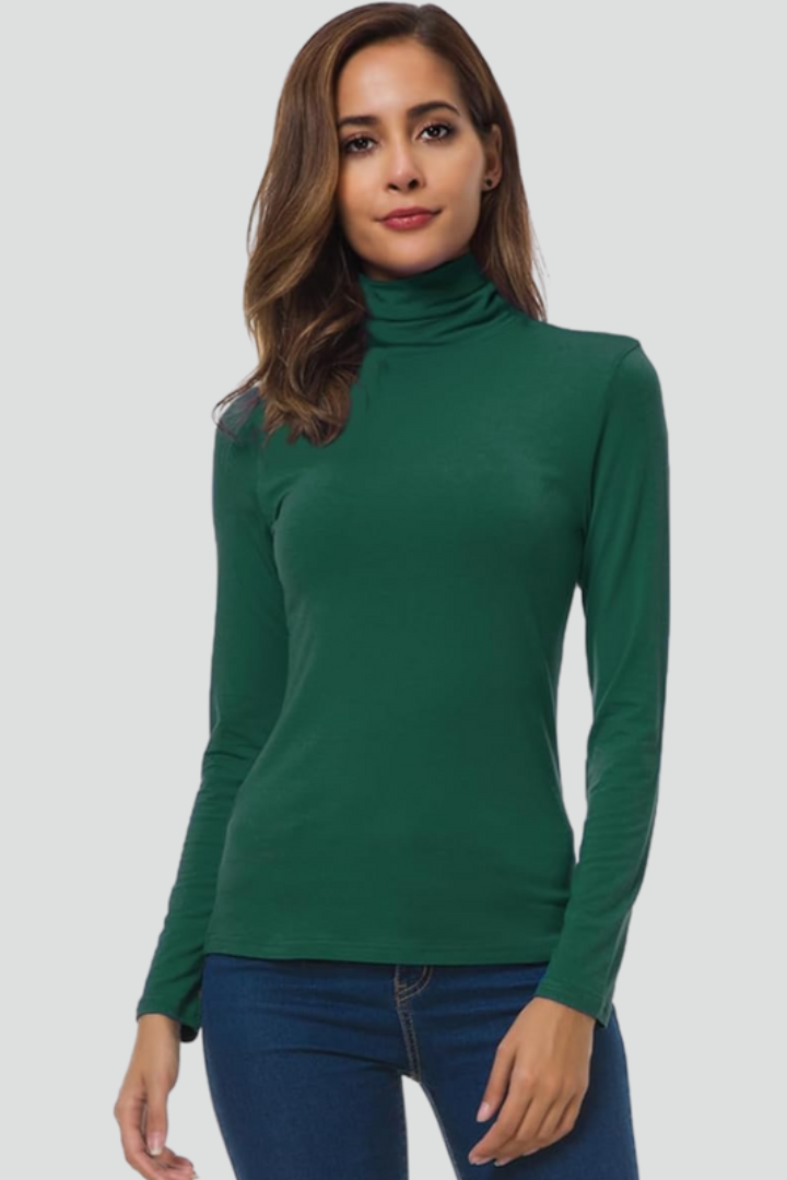 Warm women's long sleeve turtleneck, plain knit sweater, essential for cold weather elegance.