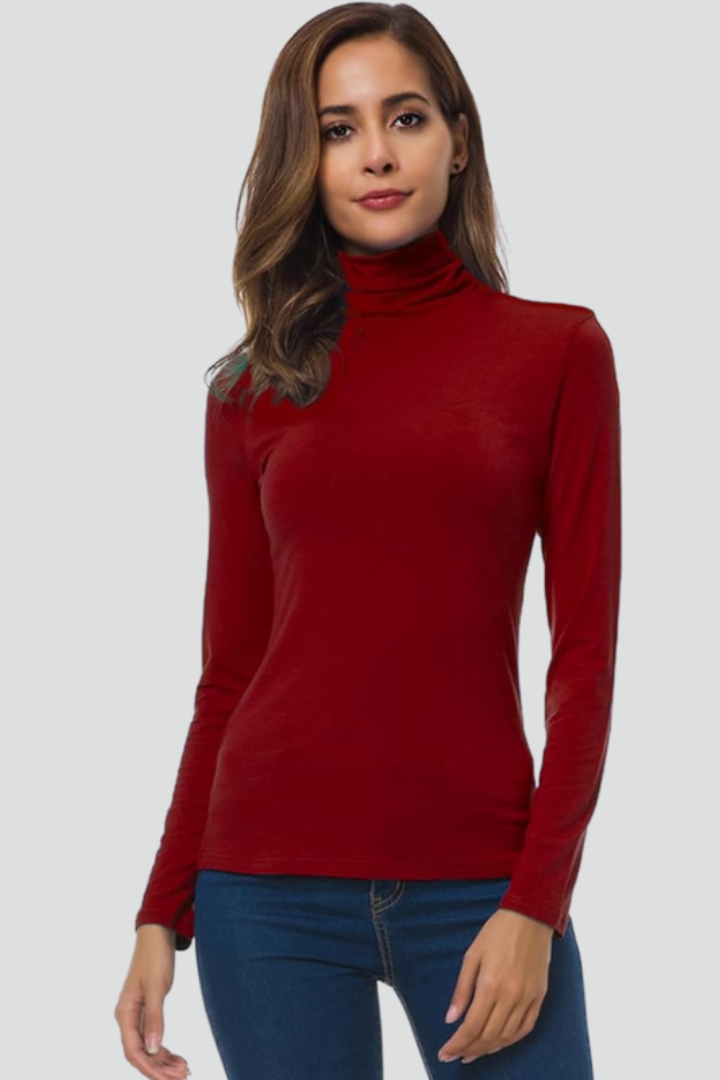 Elegant women's turtleneck sweater, versatile plain knit long sleeve top for fall fashion.