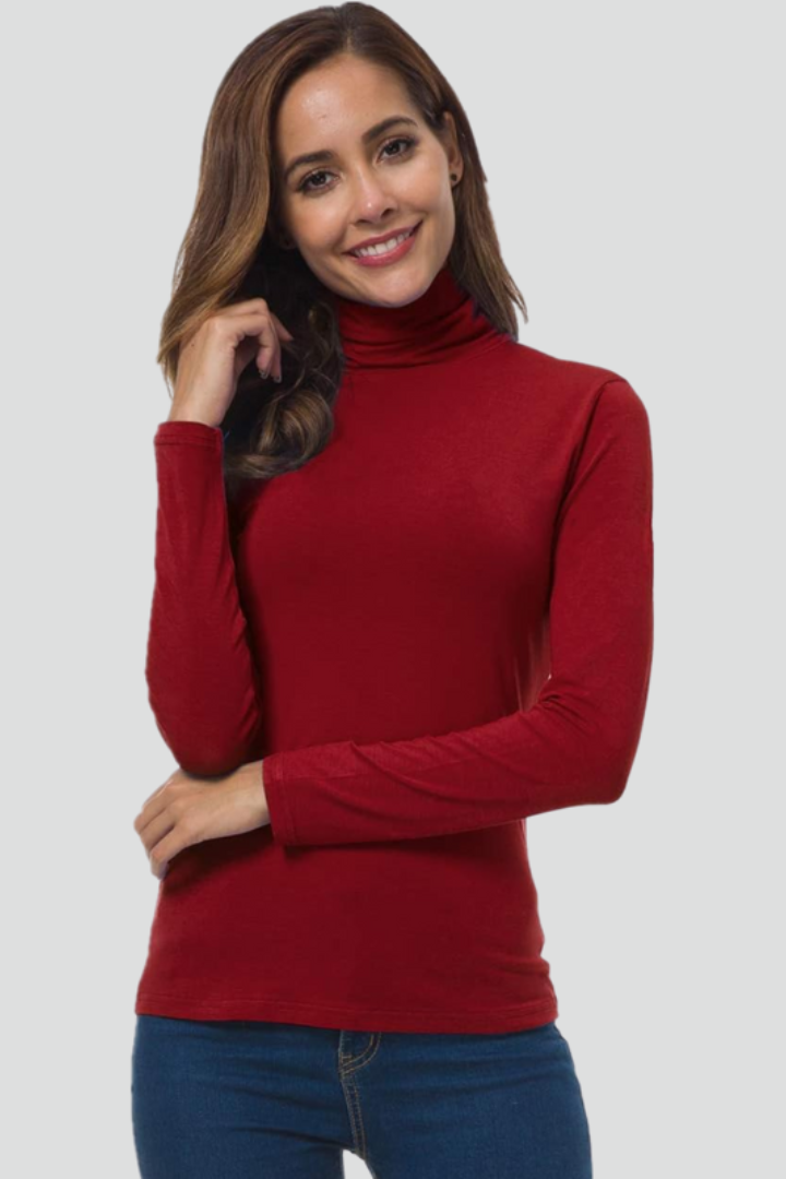 Classic women's turtleneck sweater, plain knit long sleeve top, timeless fall fashion essential.