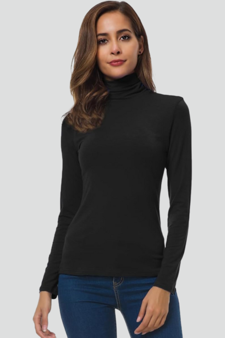 Soft plain knit women's turtleneck sweater, long sleeve elegant top for cold weather style.