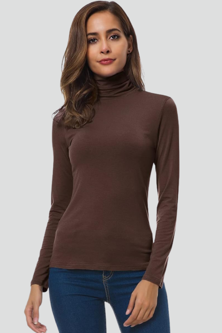 Versatile women's turtleneck sweater, long sleeve plain knit, cozy & elegant for winter.