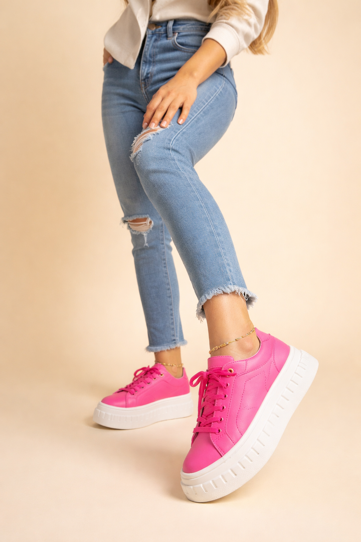 Comfortable women's platform sneakers with a responsive cushioned sole. Chic, stylish lace-up design for trendy casual wear.