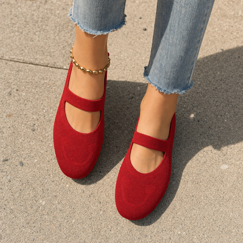 Comfortable women's Mary Jane ballet flats featuring a cute smiling face & adjustable strap for everyday style.