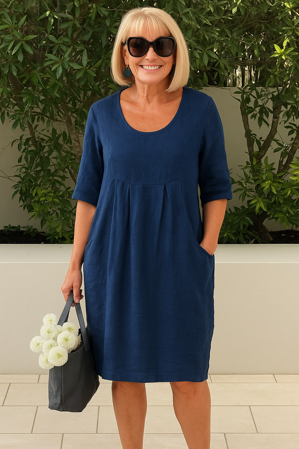 Elegant women's A-line midi dress with pleated bust & pockets. Comfortable scoop neck and elbow sleeves for versatile style.