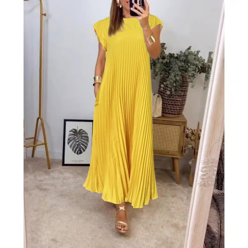 Elegant women's pleated maxi dress, extended cap sleeves, empire waist, perfect for occasions.
