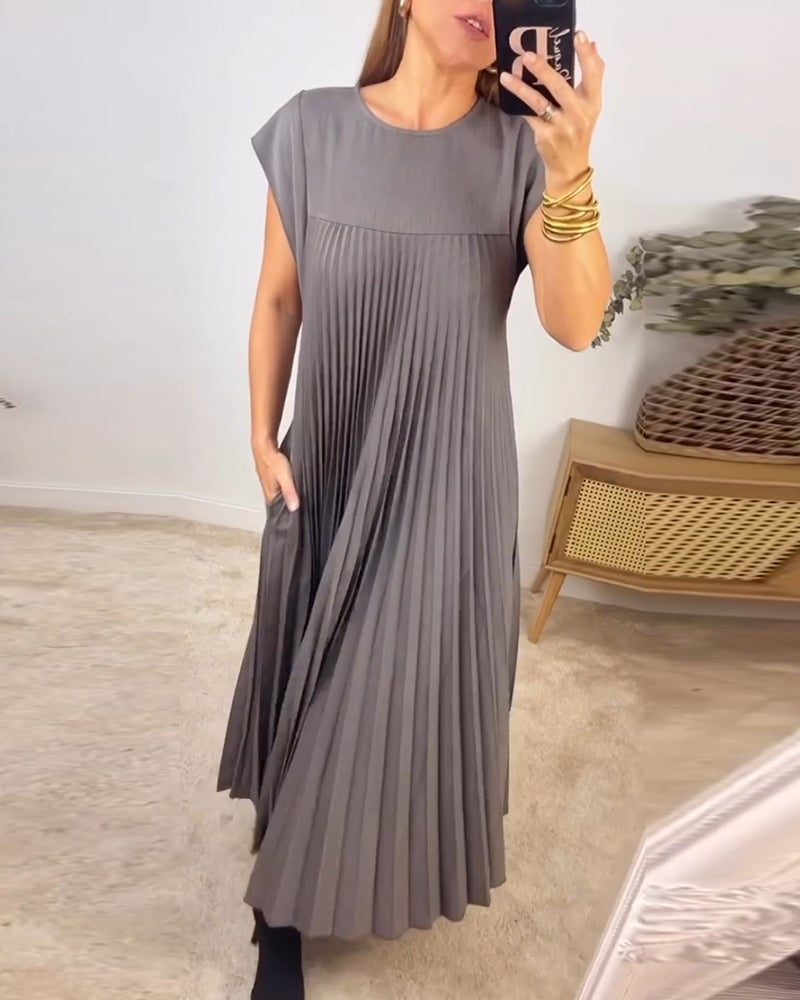 Formal women's pleated maxi dress with sophisticated extended cap sleeves & empire waist.