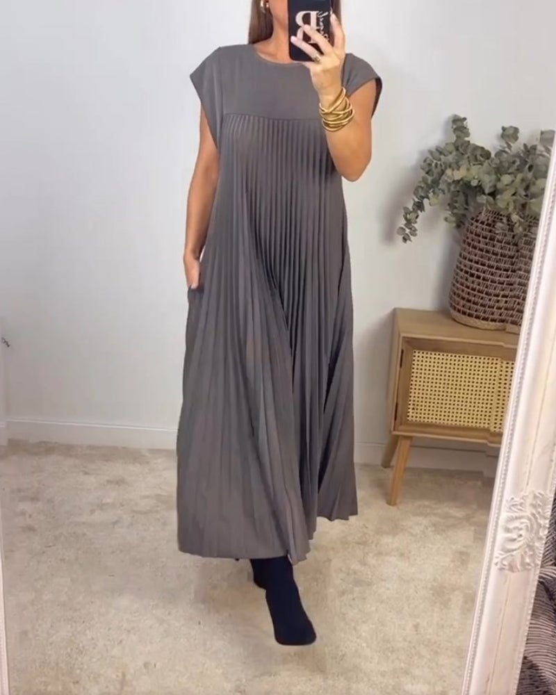 New-in women's elegant pleated maxi dress, extended cap sleeves, relaxed empire waist.