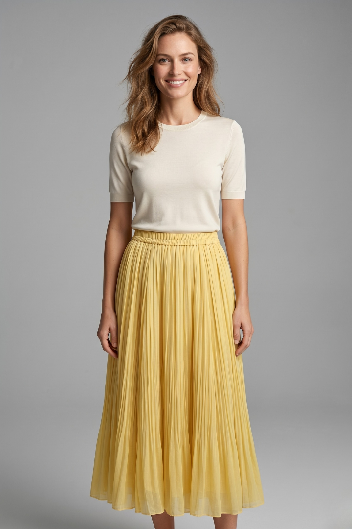 Versatile women's pull-on maxi skirt featuring delicate pleats and a flexible elastic waist.