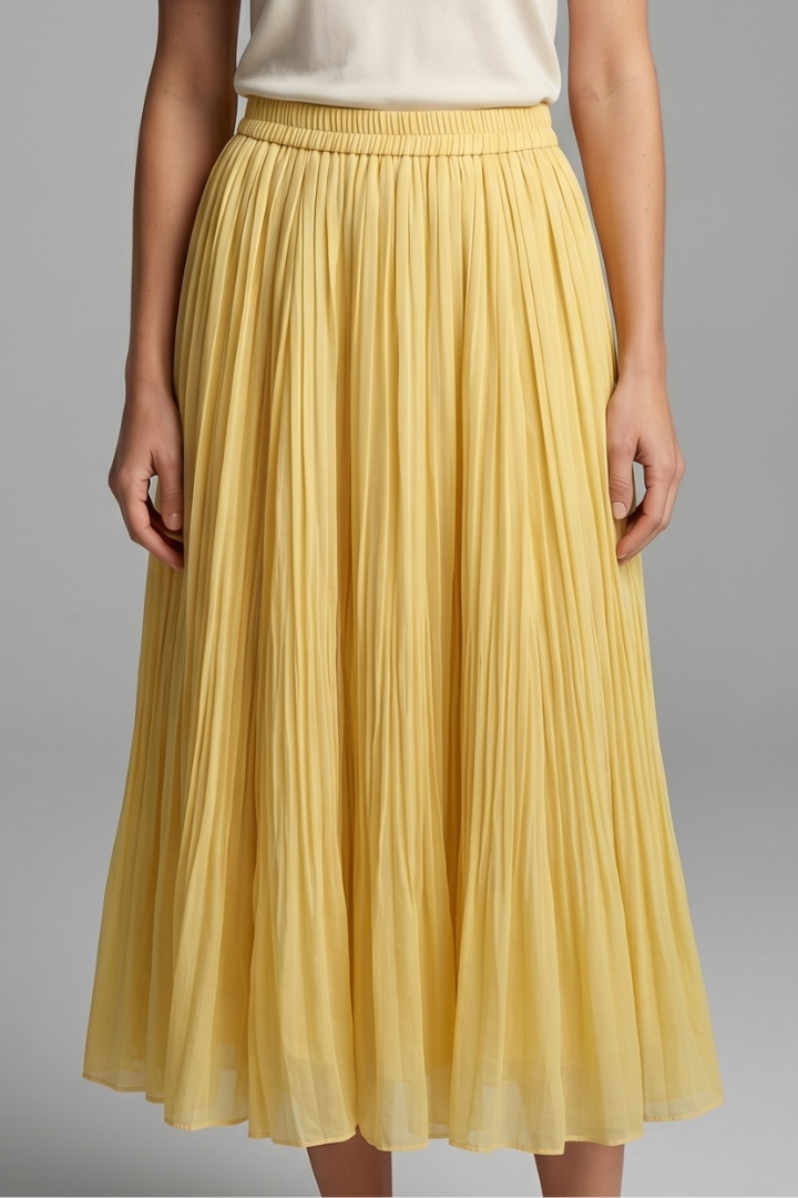 Elegant women's long pleated skirt in a maxi length, designed with an easy pull-on elastic waistband.