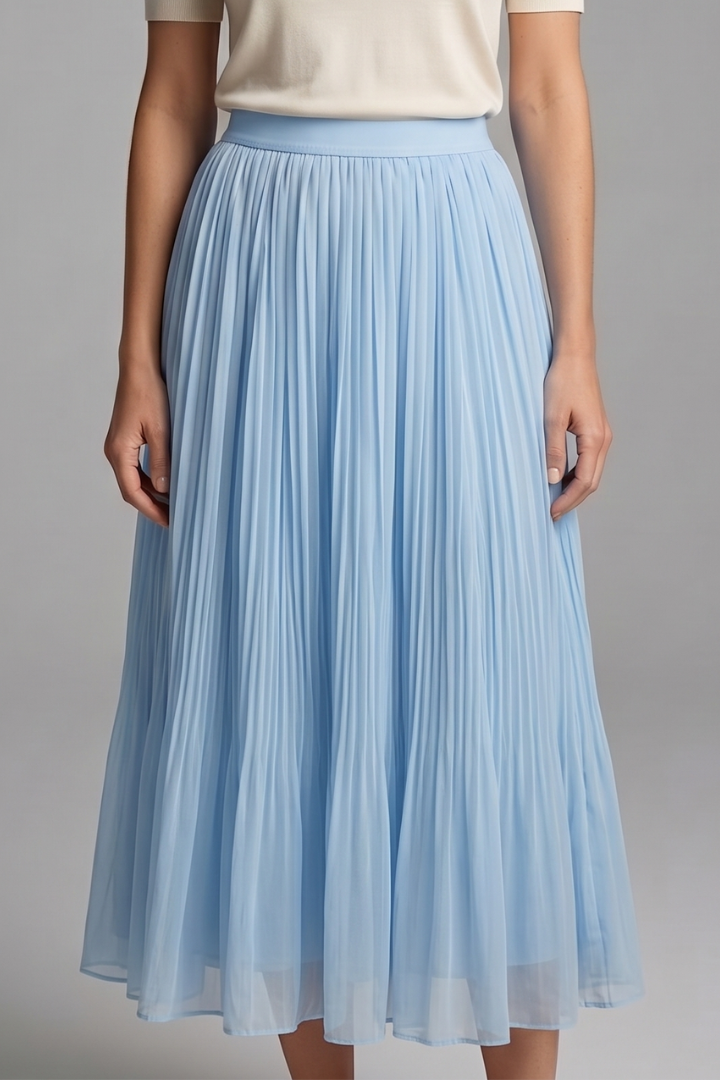 Stylish women's long pleated maxi skirt with an elastic pull-on waist, creating a flowy, elegant silhouette.