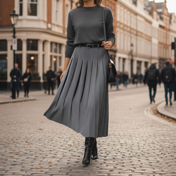 Women's pleated midi skirt with belt, perfect for spring fashion and everyday elegant style