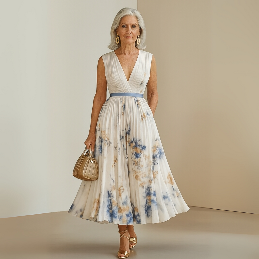 Flowy pleated sleeveless maxi dress, a comfortable women's summer dress for casual elegance.