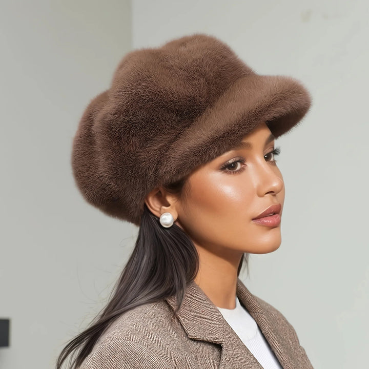 Women's plush faux fur winter cap, a soft and warm fashion accessory for cold weather.