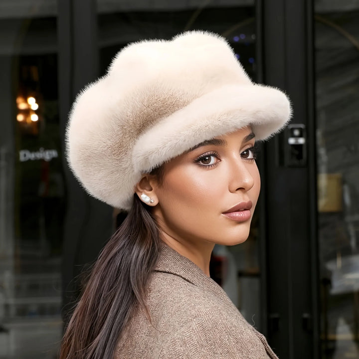 Close-up of a women's plush faux fur winter cap, highlighting its soft texture and fashion appeal.