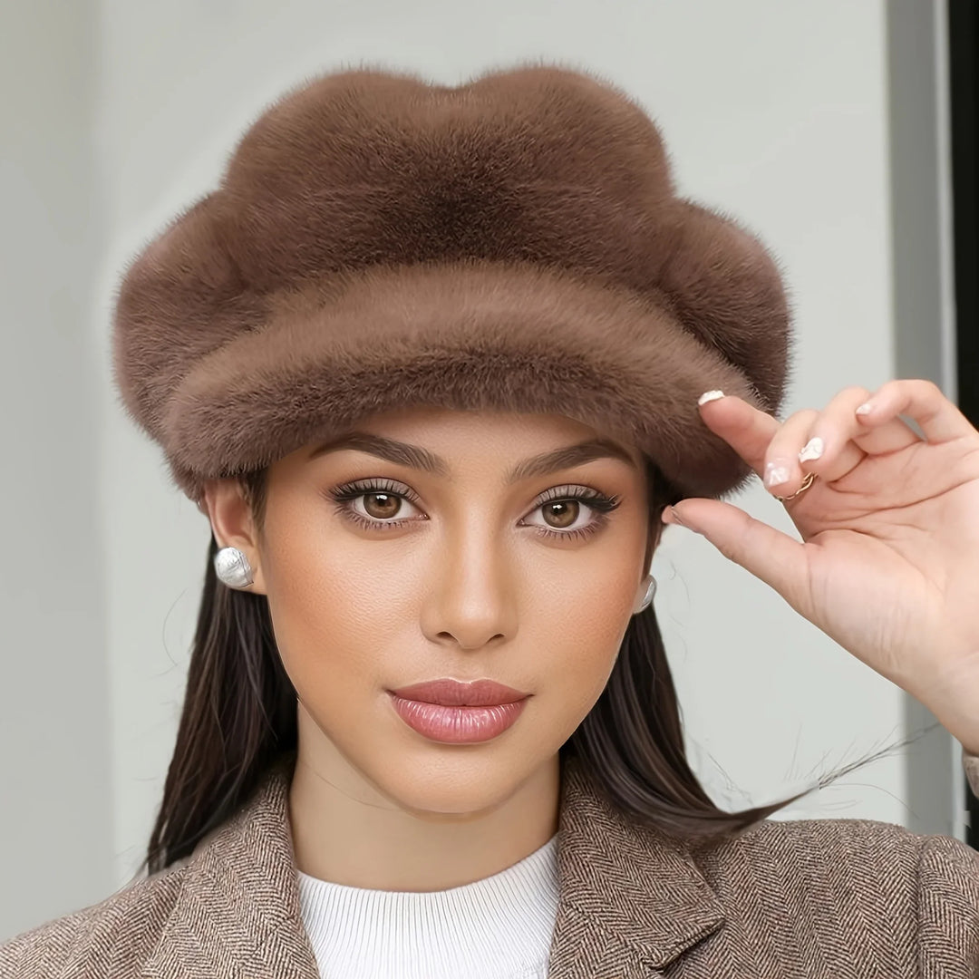 Fashionable women's winter cap, made from plush faux fur to keep warm in cold weather.