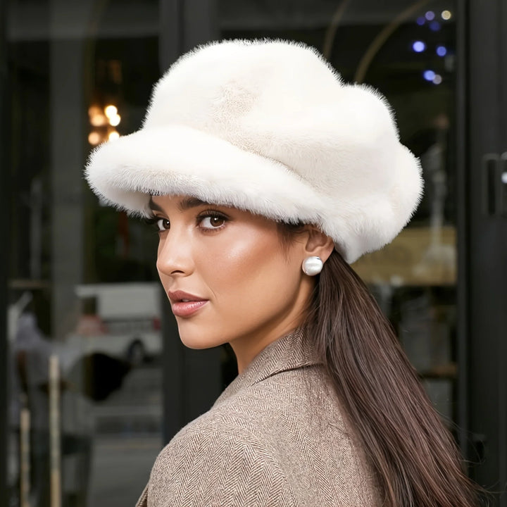 A structured women's winter cap crafted from soft plush faux fur, ideal for cold weather.