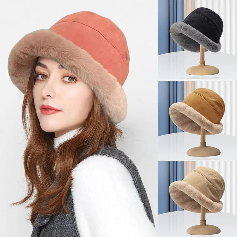 Women's plush velvet bucket hat in rich winter shade, soft and fashionable for cold weather