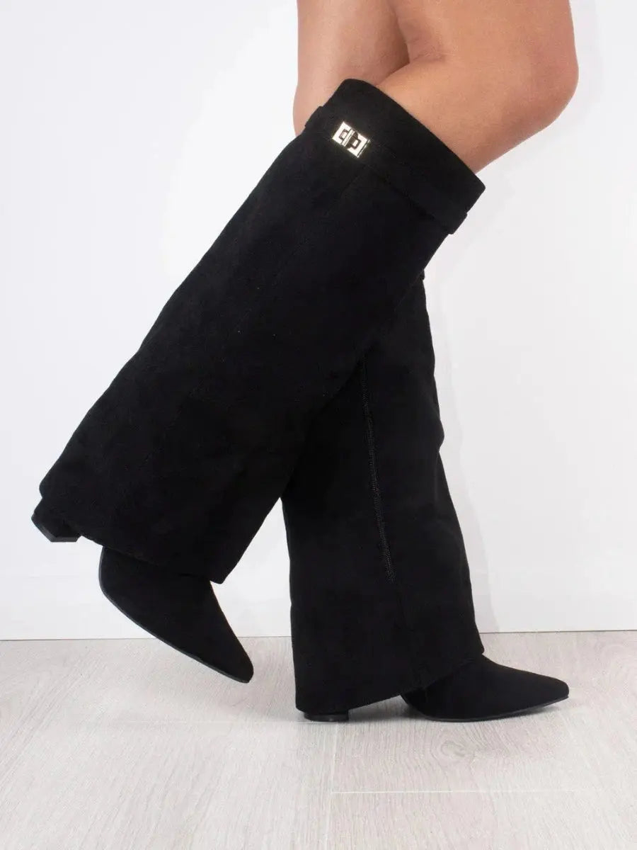 Women's pointed wedge knee-high boots, stylish and elegant footwear for fall & winter.