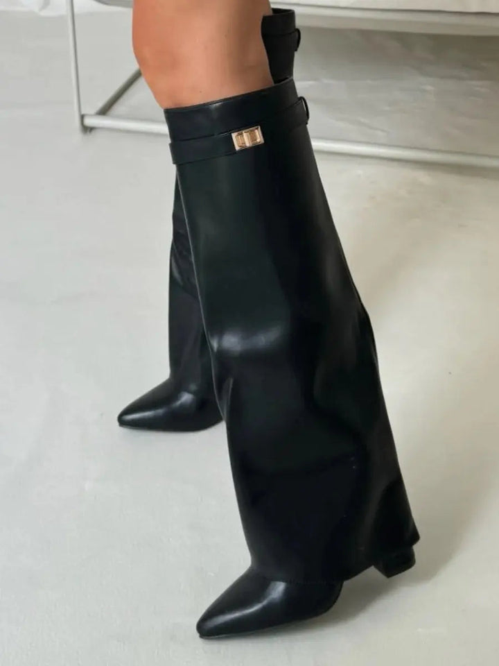 Women's pointed wedge knee-high boots, perfect stylish footwear for urban fall & winter adventures.