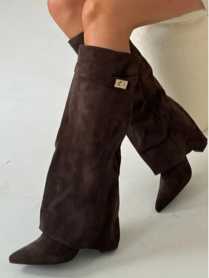 Black women's pointed toe wedge knee-high boots, tall fashion boots for a chic look.
