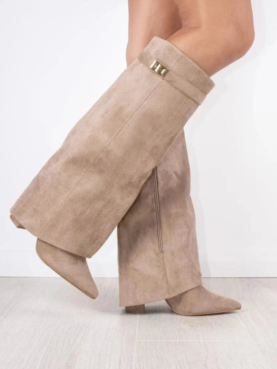 Brown women's elegant wedge knee-high boots, perfect for fall fashion, comfortable pointed toe.