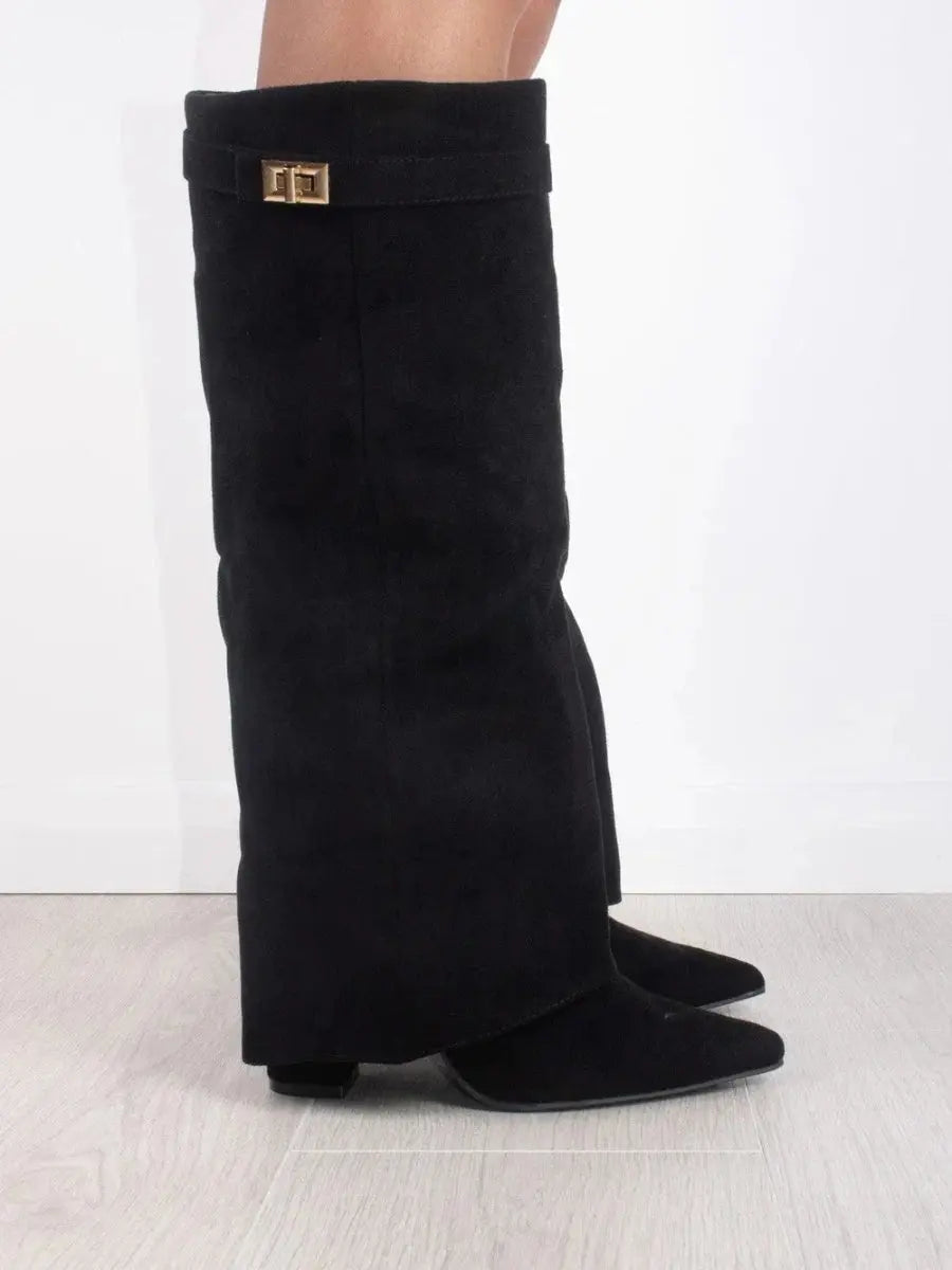 Side view of women's pointed wedge knee-high boots, showcasing the elegant design and tall shaft.