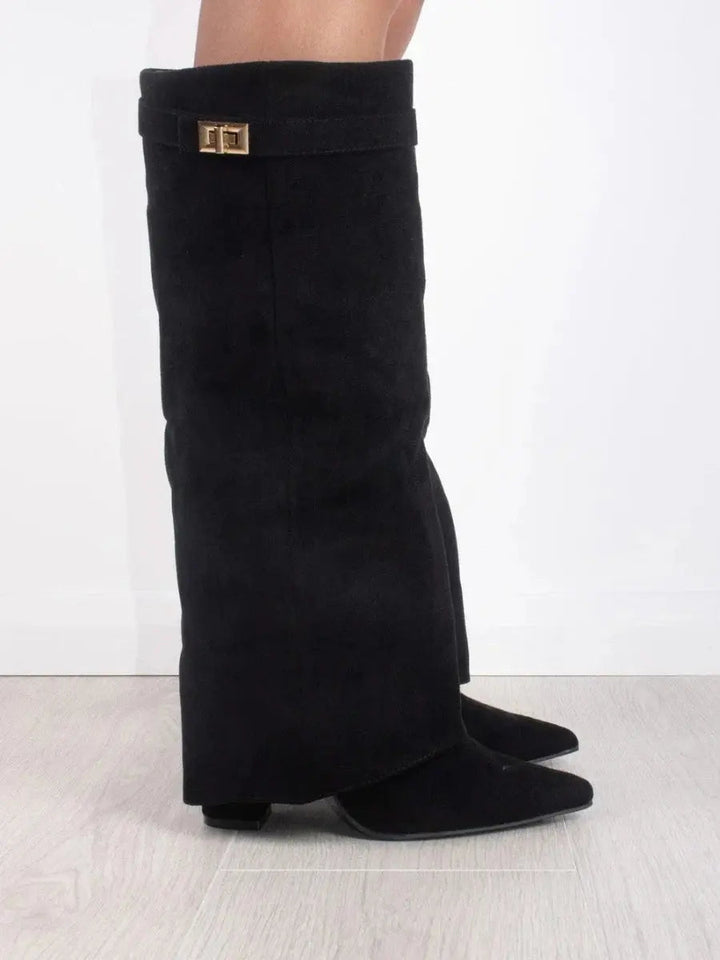 Side view of women's pointed wedge knee-high boots, showcasing the elegant design and tall shaft.