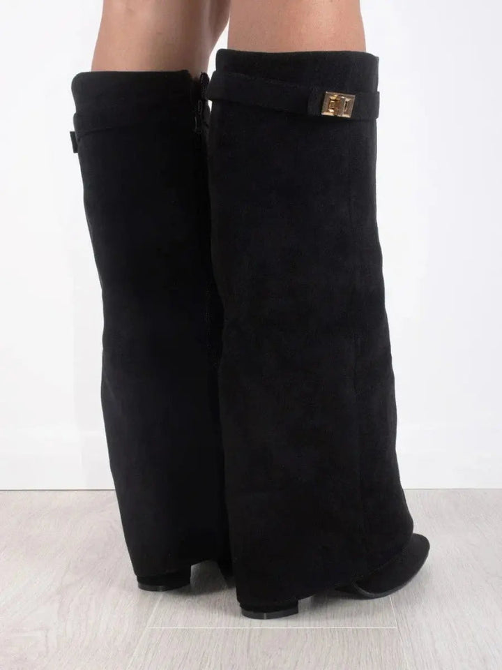 Front view of black women's pointed toe wedge knee-high boots, classic and fashionable.