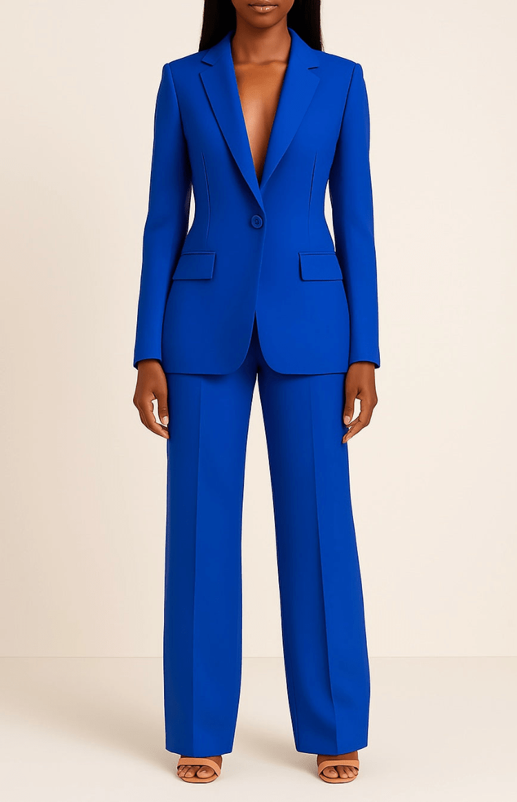 Stylish women's business suit, a tailored two-piece set featuring a blazer and trousers for office.