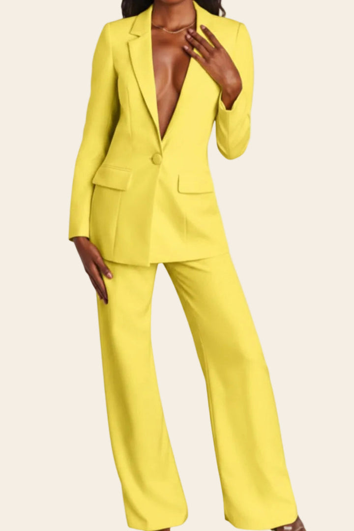 Chic women's tailored suit set for professional style, a perfect business blazer and trouser outfit.